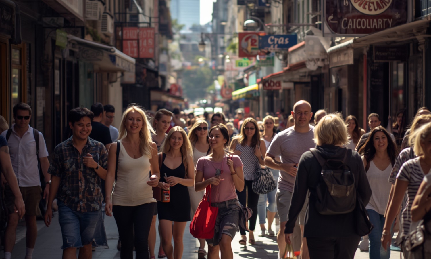 Travelers exploring a busy street